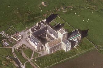 Oblique aerial view of Iona Abbey, taken from the north, centred on the abbey.