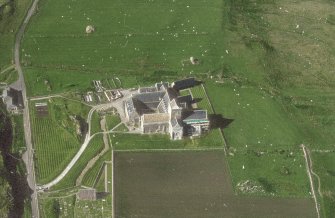 Oblique aerial view of Iona Abbey, taken from the south, centred on the abbey.