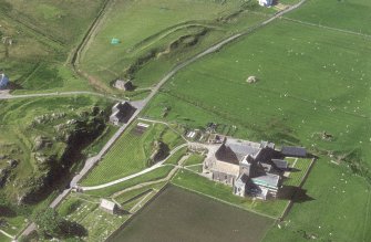 Oblique aerial view of Iona Abbey, taken from the south east, centred on the abbey.