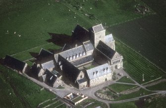 Oblique aerial view of Iona Abbey, taken from the north west, centred on the abbey.