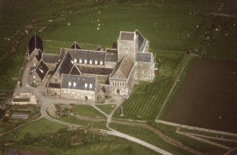 Oblique aerial view of Iona Abbey, taken from the south west, centred on the abbey.