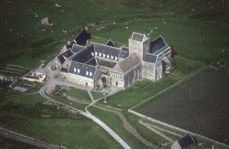 Oblique aerial view of Iona Abbey, taken from the south west, centred on the abbey.