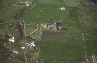 Oblique aerial view of Iona Abbey, taken from the south, centred on the abbey.