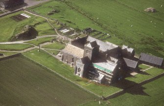 Oblique aerial view of Iona Abbey, taken from the north east, centred on the abbey.