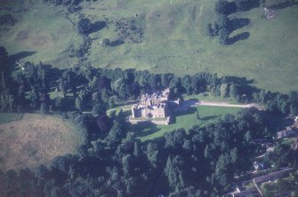 Oblique aerial view centred on Kinfauns castle, taken from the SSW.