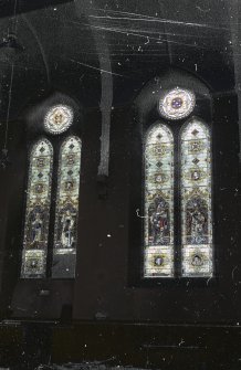 Glasgow, 64-100 Bothwell Street, Christian Institute and YMCA. interior.
View of stained glass windows in North wall.