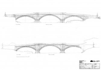 Old Ancrum Bridge: Scanned copy of pencil drawing showing West and East elevations of 18th C. bridge with the location of the medieval bridge pier at waterbed level