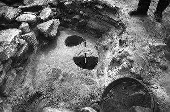 One of a group of excavation photographs: film card; block 18 pits, F177 section; N end of section dumped and cultivation deposits F357-F420; post-ex F177; F158; general shot showing relationship of masonry; block 17 F462 and F463; F461 and F462; F463; F455 and F456; F125; rubble F195; block 24 F159 block 4 layers F14, F21, F24; block 4 F24; F172 after removal F173; soil pit 1; general view structure 5; F161 and F172; F465 and F464; general view of wheelhouse; general view of blackhouse.