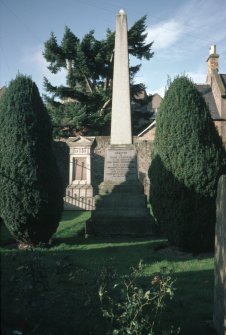 View of obelisk "erected by The People to William ..",  Brechin Cathedral Graveyard.