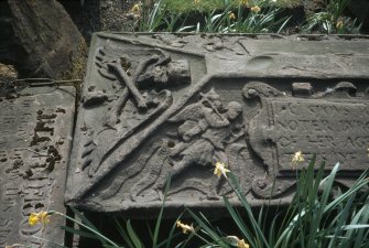 View of end of coped slab with carved figure,  the Howff burial ground, Dundee,