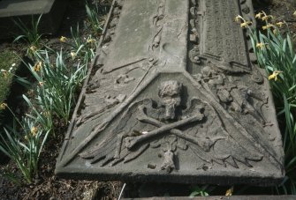 View of coped stones from the grave of Thomas Vichtane 1645, the Howff burial ground, Dundee,