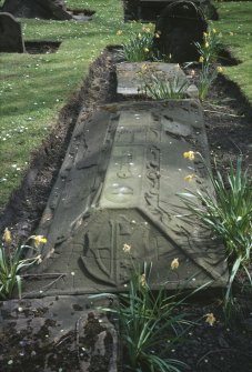 View of coped stones from the grave of Thomas Vichtane 1645, the Howff burial ground, Dundee,