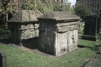 View of sarcophagus of Dr David Kinloch with unidentified chest tomb, the Howff burial ground, Dundee,