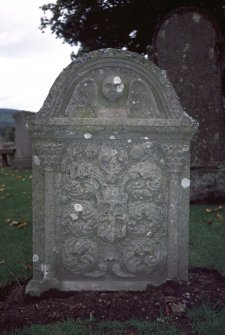 View of headstone to Patrick Thom d.1742, Inverarity Church burial ground.