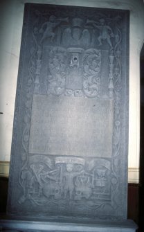 View of grave slab 1741 with angels, winged souls and weavers tools, Liff Old Parish Church.