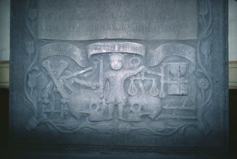 Detail of grave slab 1741 with skulls and scales, Liff Old Parish Church.