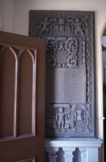 View of grave slab 1741 with angels, winged souls and weavers tools, Liff Old Parish Church.