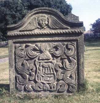 View of headstone 1792 with horse and groom, Lundie Parish Churchyard.