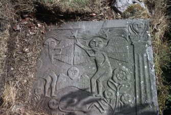 Detail of gravestone c. 1730 with resurrection scene, Menmuir Parish Churchyard.