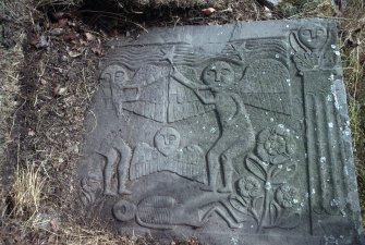 View of gravestone with resurrection scene, Menmuir Parish Churchyard.