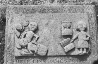 Detail of tablestone to John Jobson d. 1720 showing deathbed scene, Newtyle  Parish Churchyard.