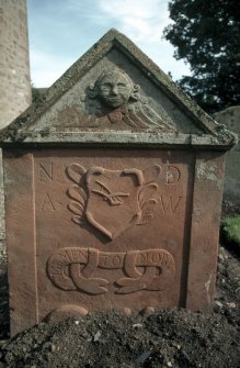 View of headstone to Anna Williamson d. 1790 with winged angel and plough, Forteviot Parish Church burial ground.