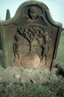 View of headstone to William Morrison and Jean Hall 1782 with Adam and Eve carving, Kinfauns Parish Burial Ground.