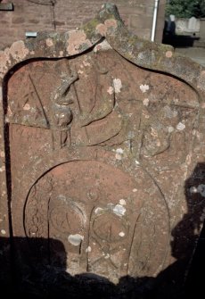 View of headstone to Francis Donald and Catherine Blair 1750 with image of Father Time, Kinnaird Parish Churchyard.