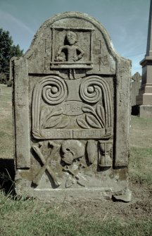 View of headstone to John Irons d. 1765 with weaver and loom, Kirkton of Lethendy burial ground.