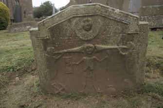 View of  headstone to William Watson 1762 with trumpeting angels, Meigle Parish Church burial ground.