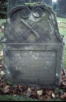 View of  headstone to Andrew Mathis d. 1757, Monzie Parish Church burial ground.