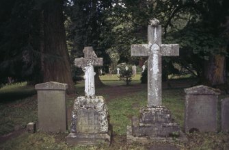 View of rustic crosses, gravestone dedicated to Donald Stewart d. 1919, Old Blair, St Bride's burial ground.