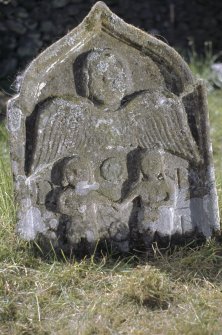 View of headstone to Catherine Dwar d. 1729, west face with Adam and Eve, Dundurn/ (St Fillans Comrie ?) burial ground.