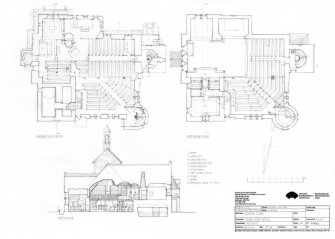 Scanned copy of pencil drawing of ground floor plan, first floor plan and section XX' of Kilbirnie Parish Church at 1:100 scale