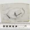 Small sketch in pen and ink on tracing paper showing 3D reconstruction of timber hall within palisaded enclosure