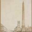 Unexecuted competition design for an obelisk in memory of Sir Walter Scott, with St John's Episcopal Church in the background, Edinburgh.