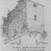 Digital image of pencil sketch showing view from SW. 
Inscribed: "Blanerne Castle. 'Guard-house' from SW. Mouldings of jambs of small window in W wall of ruined fragment"
