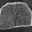 View of reverse of Strathmartine no 3 cross-slab fragment. showing Pictish symbols (B&W)