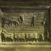 Carved panel at W end of tomb, view showing farming scenes, Liberton parish Churchyard, Edinburgh