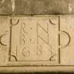 Interior. First Floor Detail of dated inscription on fireplace ' R N B N 1683'