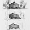 Section and elevations of early scheme for Meeting House, University of Sussex.