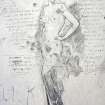 Interior.  Part of pencil graffiti drawing of woman with 'poems' on wall in Incorporation House.