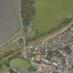 Oblique aerial view.  Kincardine-on-Forth, reconstruction works for rebuilding railway from Alloa, Station Road, railway station and Station House from NNE.