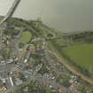 Oblique aerial view.  Kincardine-on-Forth, reconstruction works for rebuilding railway from Alloa, Station Road, railway station and Station House from N.