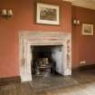 Interior. 1st floor, dining room, view of fireplace on E wall