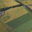 Oblique aerial view centred on the cropmarks of the Roman temporary camp and field boundaries with the farmstead adjacent, taken from the NNE.