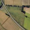 Oblique aerial view centred on the cropmarks of the Roman temporary camps and possible fort annexe, taken from the NW.