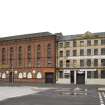 General view from E of 104-118 Tradeston Street, note parapet, machiolation and lancets with Ghibelline crenellation of corner tower.