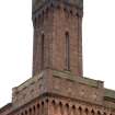 S Building. View from SE of corner tower with 'Ghibelline' detailing, 108-118 Tradeston Street/corner of Cook Street