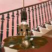 Interior view of the staircase and copper lamp at the Glasgow Art Club, 185 Bath Street, Glasgow.